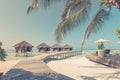 Beautiful beach and blue sky. Luxurious tropical beach landscape, luxury water villas deck chairs and loungers