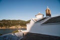 Amazing scenery of traditional Greek orthodox church. Aerial view of Panagitsa Tou Pirgou church, Skopelos island, Greece Royalty Free Stock Photo