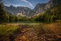 Amazing scenery under the huge mountains. Glaciers cover with snow and unique magical lake in Austrian Alps.