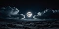 Amazing scenery of white glowing moon with craters in black sky with clouds at night. Royalty Free Stock Photo