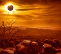 Amazing scientific natural phenomenon. Total solar eclipse glowing on sky. Royalty Free Stock Photo