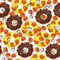 Amazing seamless pattern with donuts, strawberry, cream and chocolate hearts.