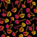 Amazing seamless vector pattern of yellow and pink psilocybin mushrooms. Beautiful wallpaper of hallucinogenic mushrooms on a