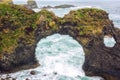 Amazing seascape, basalt rock arch at the volcanic cliff, Atlantic coast, Iceland, travel background