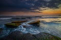 Amazing seascape with motion waves. Waterscape background. Moving water. Nature concept. Sunset scenery background. Long exposure