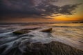 Amazing seascape with motion waves. Waterscape background. Moving water. Nature concept. Sunset scenery background. Long exposure