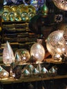 Amazing Shining lanterns in khan el khalili souq market with Arabic handwriting on it in egypt cairo Royalty Free Stock Photo