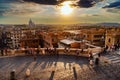 Amazing shot of the evening sunset in Rome at Trinita Dei Monti church above Spanish steps Royalty Free Stock Photo