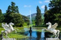 Amazing shot of the fountain with pegasus statues in Powerscourt House and Gardens in Ireland Royalty Free Stock Photo