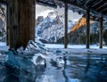 Amazing shot from frozen Pragser Wildsee lake and the snowy landscapes in South Tyrol, Italy Royalty Free Stock Photo