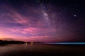 Amazing shot sea bioluminescence, stars, a falling star and starting sunrise