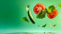 an amazing shot of tomato and cucumber in mid air, saturated light green background, Food Photography, Dawn