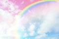 Amazing sky with rainbow and fluffy clouds, toned in unicorn colors Royalty Free Stock Photo