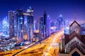 Amazing skyline cityscape with illuminated skyscrapers. Downtown of Dubai at night, United Arab Emirates Royalty Free Stock Photo