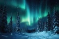 Amazing snowy winter landscape. Winter landscape with snow-covered pine trees and northern lights (northern