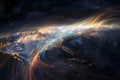 Amazing space background. Glowing comet with a fiery tail in deep space