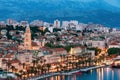 Amazing Split city waterfront panorama at blue hour, Dalmatia, Europe. Roman Palace of the Emperor Diocletian and tower of Saint