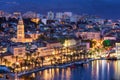 Amazing Split city waterfront panorama at blue hour, Dalmatia, Europe. Roman Palace of the Emperor Diocletian and tower of Saint