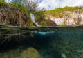 Amazing split view of waterfalls falling into lake.