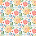 Amazing spring print with flowers and leaves embroidered with satin stitch on a white background. Seamless vector ornament