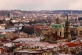 Amazing St. Nicolas church during winter day after heavy snow storm with snow cover at roofs. Prague, Czech republic.