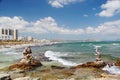 Amazing stone figures on Mediterranean coast line. Palma Majorka. Spain, Blue sky and white clouds. Waves. Stor Royalty Free Stock Photo