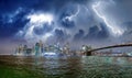 Amazing stormy night sky over Lower Manhattan, New York City - USA Royalty Free Stock Photo