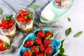 Amazing strawberry cheesecake mousse cups decorated by homemade ice cream and mint leaves. Copy space Royalty Free Stock Photo