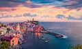 Amazing summer cityscape of Vernazza town. Great sunrise on Liguria, Cinque Terre, Italy, Europe. Breathtaking seascape of Mediter