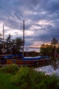 Amazing summer evening landscape with group of drifting yachts on a lake Royalty Free Stock Photo