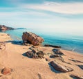 Amazing summer seascape of Aegean Sea. Wonderful morning view of Cuba Beach, Olimpiada village location, Greece, Europe. Beauty of