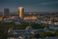 Amazing summer sunset top view over Royal Palace in Brussels with lovely light and the flag of Belgium on top of the builidng Royalty Free Stock Photo