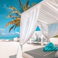 Tranquility beach lounge canopy. Relax carefree scene, towel pillows and beds in sunny tropical weather