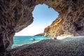 Amazing summer view from a cave at Iligas beach with magical turquoise waters, South Chania, Crete.