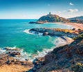 Amazing summer view of popular tourist destination - Acropoli di Bithia with Torre di Chia tower on background. Attractive morning