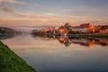 Amazing sunny and foggy morning, Maribor city on the Drava river, Slovenia. Scenic cityscape Royalty Free Stock Photo