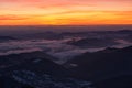 Amazing sunrise in Ceahlau mountains, winter landscape