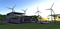 Amazing sunrise in a futuristic mountain villa. Silent, low-vibration wind turbines provide uninterrupted power supply throughout