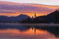 Amazing sunrise on the Lake Bled. Landscape view of island with the Pilgrimage Church of the Assumption of Maria. Royalty Free Stock Photo