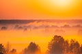 Amazing Sunrise Light Above Misty Landscape. Scenic View Of Foggy Morning In Misty Forest Park Woods. Summer Nature Of Royalty Free Stock Photo