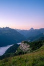 Amazing sunrise in the ossau valley. magnificent sea of clouds in the valley. pic du midi d`ossau in the background. portrait Royalty Free Stock Photo