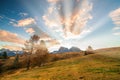 Amazing sunrise over Alpe di Siusi mountain plateau, Dolomite Alps, Italy