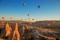 Amazing sunrise over Cappadocia. Colorful hot air balloons