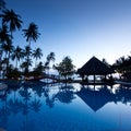 Amazing sunrise at swimming pool with palms