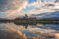 Amazing sunrise view over Danube river, beautiful reflections of morning clouds mirrored in water, Esztergom, Hungary Royalty Free Stock Photo