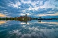 Amazing sunrise view over Danube river, beautiful reflections of morning clouds mirrored in water, Esztergom, Hungary Royalty Free Stock Photo