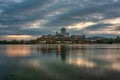 Amazing sunrise view over Danube river, beautiful reflections of morning clouds mirrored in water, Esztergom, Hungary Royalty Free Stock Photo