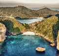 Amazing sunset aerial view of Nui Beach from drone. Ko Phi Phi Don, Thailand Royalty Free Stock Photo