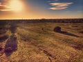 Amazing sunset aerial view up countryside above meadow and trees with relaxing atmosphere Royalty Free Stock Photo