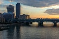 Amazing sunset Cityscape from Millennium Bridge and Thames River, London, Great Britain Royalty Free Stock Photo